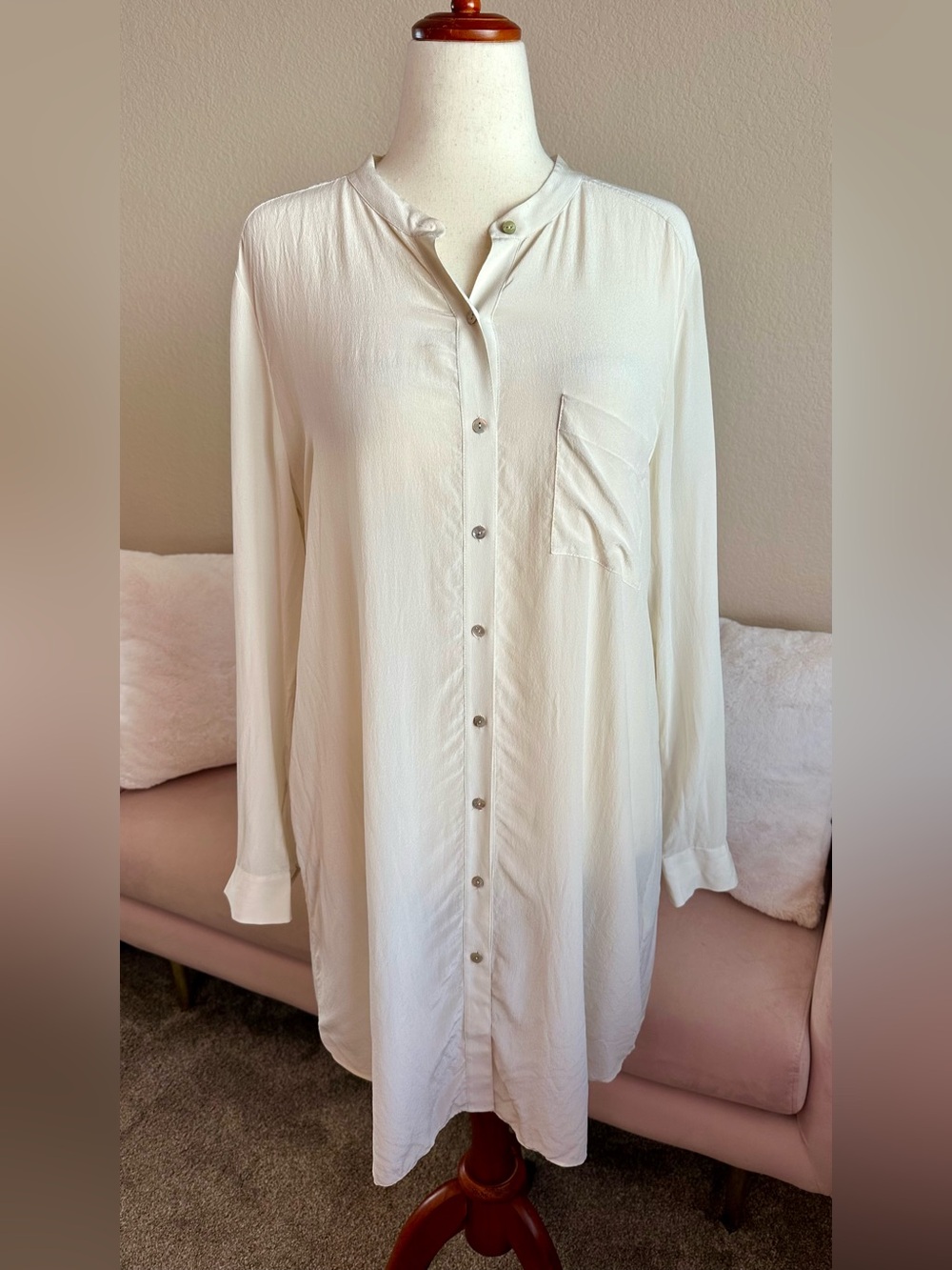Eileen Fisher Silk Tunic Top Ivory LS Button Up Mandarin Collar Women’s L Luxury